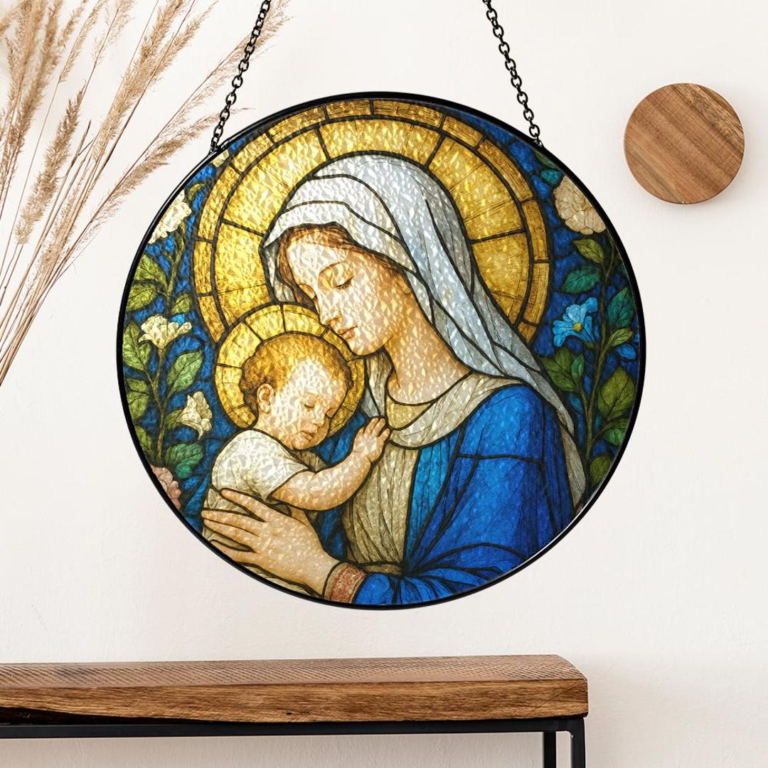 Virgin Mary & Baby Jesus Stained Glass Suncatcher, Christian Window ...