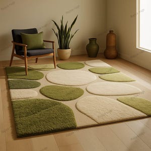 May include: A beige area rug with a pattern of green and off-white organic shapes. The rug is in a room with a wooden chair, a green pillow, and decorative vases. The rug's design adds a modern touch to the room's decor.