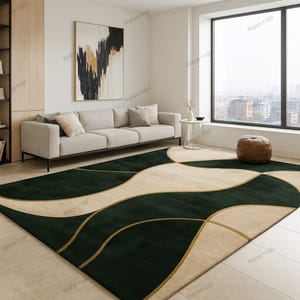 May include: A modern area rug with a geometric design. The rug features a dark green, beige, and gold color scheme. The dark green sections are curved and create a wave-like pattern. The rug is placed in a living room setting.