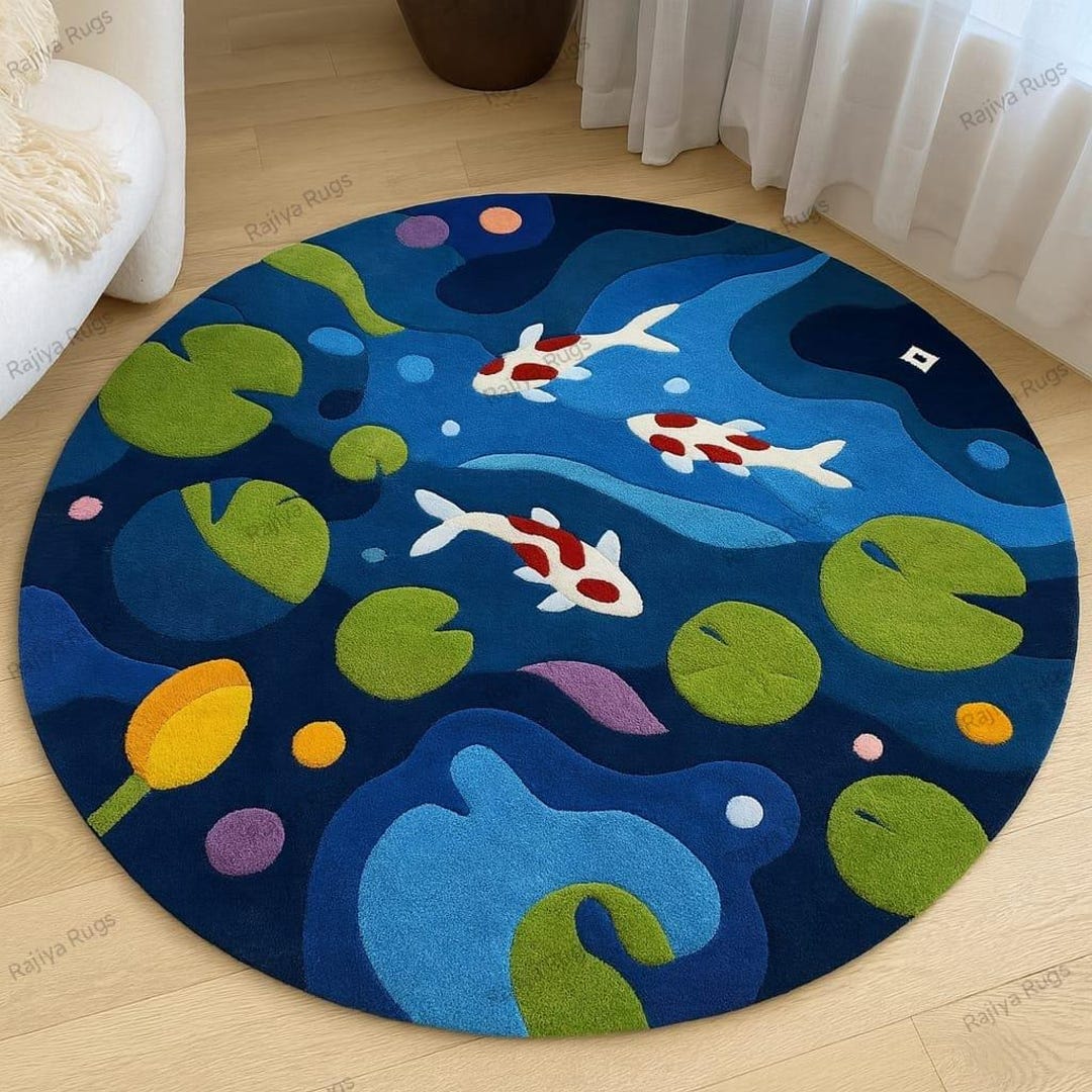 Pond/water Rug Enchanting Hand-tufted Koi Pond Round Rug Featuring Flowing Artistic ...