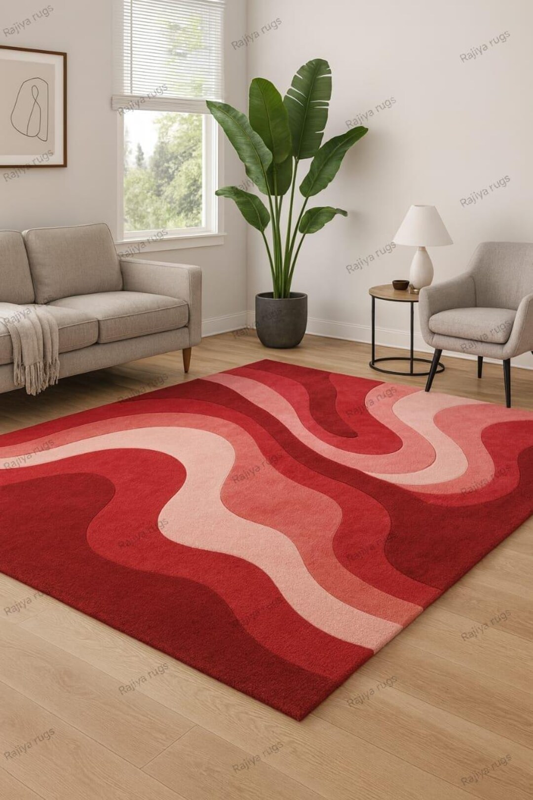 Rod Wave Rugs Hand-tufted Modern Wave Pattern Rug in Vibrant Red and Soft Pink Tones ...