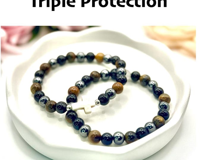 Triple Protection Beaded Bracelet - Tiger’s Eye, Hematite & Obsidian Stones