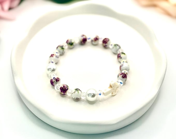 Catholic Rosary Bracelet, Purple Floral Ceramic, Seashell Cross (6.5")