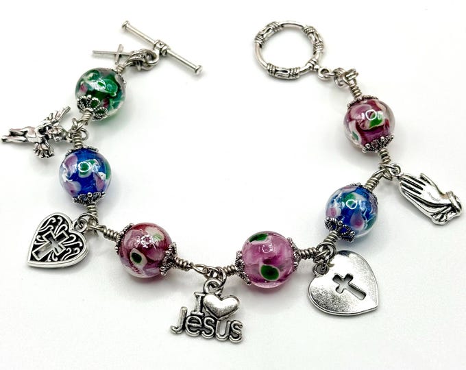 Handmade Women's Lampwork Glass Bead Charm Bracelet, Artisan Jewelry