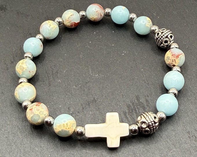 Emperor Stone Rosary Bracelet - Silver Tibetan Beads with Seashell Cross