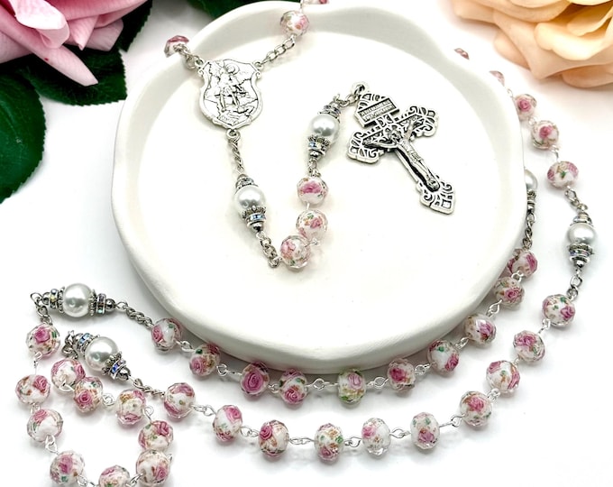 Handmade Murano Lampwork White Floral Rosary, Saint Michael Medal, Pardon Crucifix