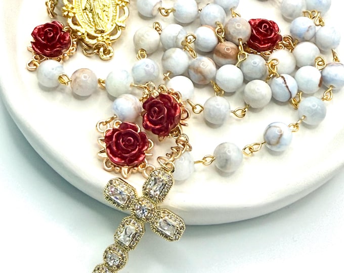 Handcrafted Rosary: Azure Beads, Miraculous Medal - Catholic Prayer