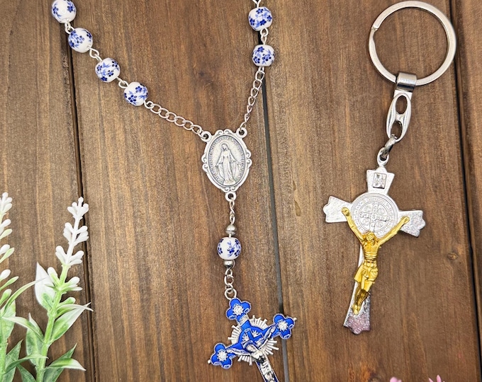 Blue Floral Car Rosary: Italian Our Lady Centerpiece, Enamel Cross