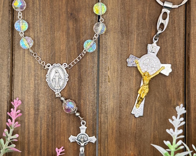 Handmade Car Rosary: Austrian Crystals and Italian Centerpiece (Free Keychain)