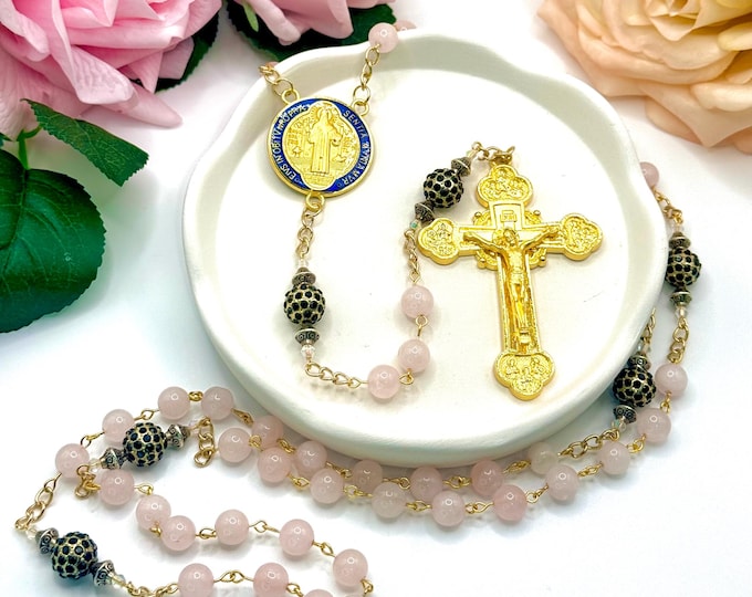 Rose Quartz Prayer Rosary: Pink and Black Beads (18k Gold Saint Benedict)