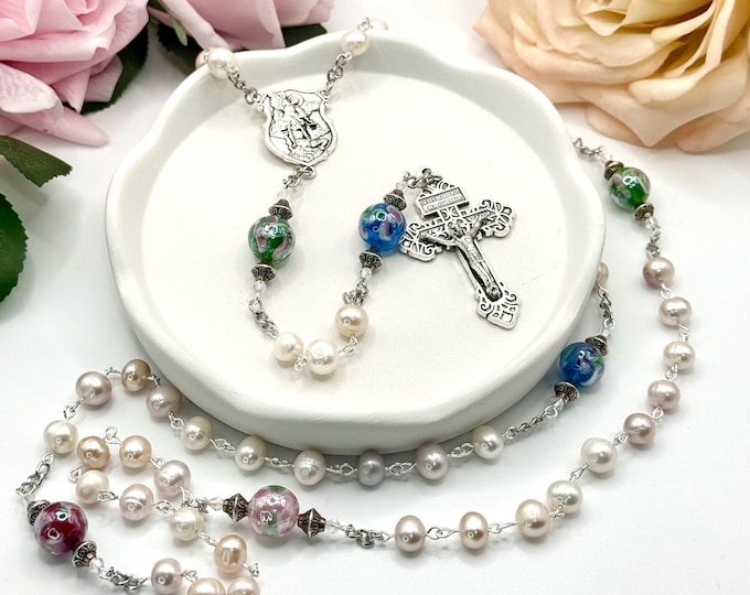 Saint Michael Rosary: Freshwater Pearls, Lampwork Glass Beads - Handmade Prayer