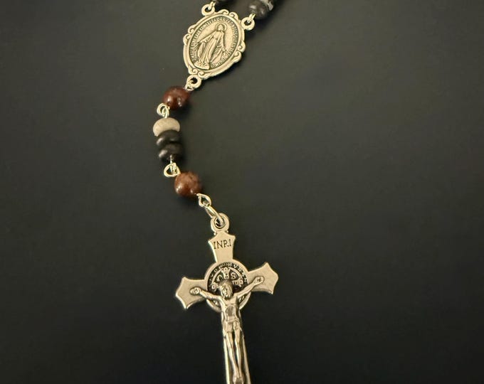 Car Rosary: Our Lady of Grace Beads - Black, Grey, Tigereye Accent