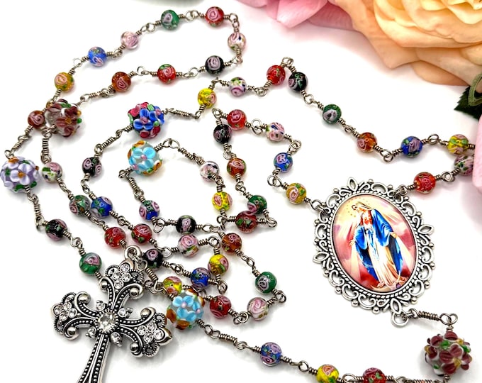 Murano Glass Rosary: Large Floral Beads with Rhinestone Cross
