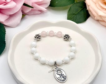 Rosary Bracelet: Italian Charm, Floral Beads - Stretch Fit for Girls