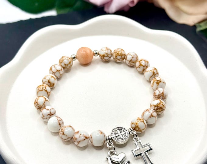 Rosary Bracelet, Handmade 2 Decade Catholic Prayer Beads (Gold Howlite & Opal)