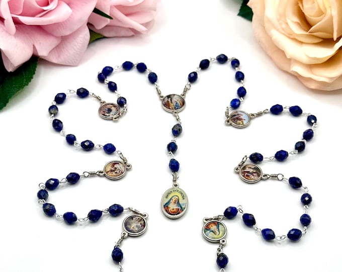 Seven Sorrows Rosary Chaplet: Deep Blue Lapis Lazuli - Marian Devotion