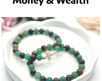 Wealth and Abundance Bracelet: Green Ventura, Tiger’s Eye (Handmade Beads)
