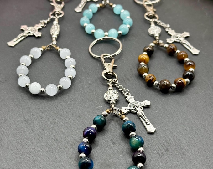 Tiger's Eye Gemstone Rosary Keychain – Our Lady of Guadalupe/Saint Benedict
