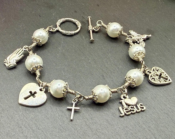 Faith Glass Pearl Bracelet, Wire Wrapped Charm (Women’s Adjustable Size)