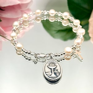 Pulsera de perlas y cristales, perlas de agua dulce - Plata de ley, ajustable, regalo de Primera Comunión