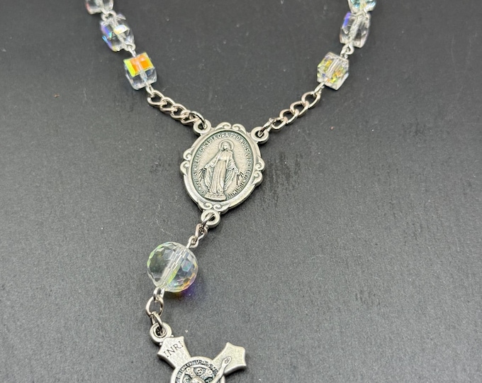 Catholic Car Rosary, Square Crystal Beads, Italian Our Lady (With Keychain)