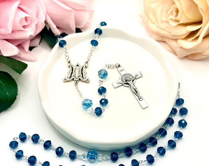 Customizable Handmade Faceted Blue Glass Bead Rosary, Catholic Prayer Beads
