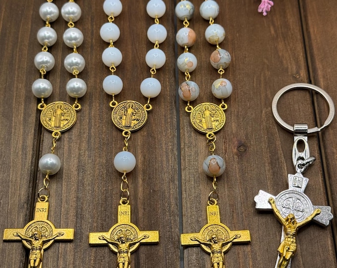 Gold Car Rosary Beads - White Glass, Pearl, Saint Benedict Medal