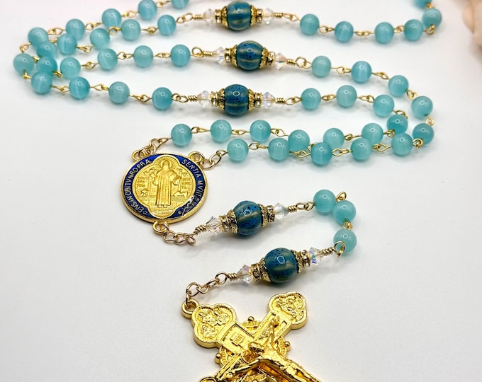 Lake Blue Cat's Eye Rosary - 18K Gold Saint Benedict Medal