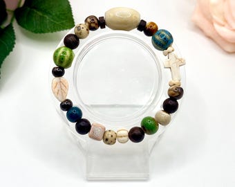 Ceramic Bead Bracelet: Boho Beach Style - Seashell Cross Charm