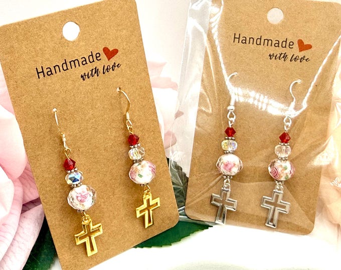 Handmade Cross Drop Earrings | Lampwork Glass & Crystal, Hypoallergenic
