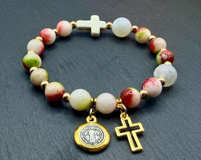 Catholic Rosary Bracelet, Watermelon Tourmaline with Saint Benedict Medal (6.5")