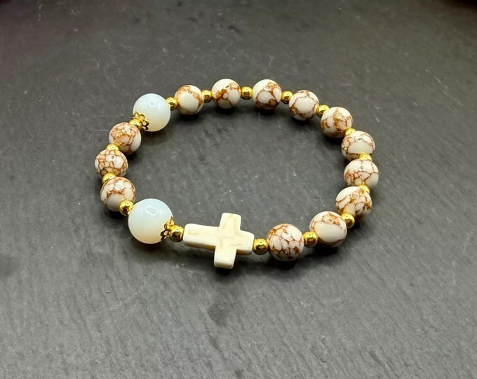 Gold-Spun Howlite Rosary Bracelet: Sea Shell Cross, Spiritual Style