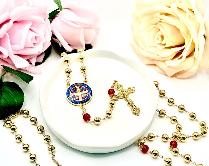 Rosary Gift Set: Gold and Red Catholic Prayer Beads (Full & Car)