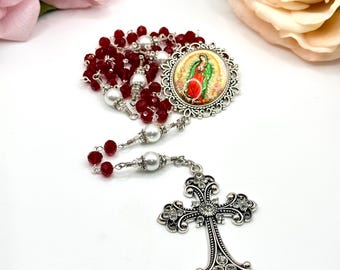 Catholic Rosary: Our Lady of Guadalupe - Red Glass Beads, Rhinestone Crucifix