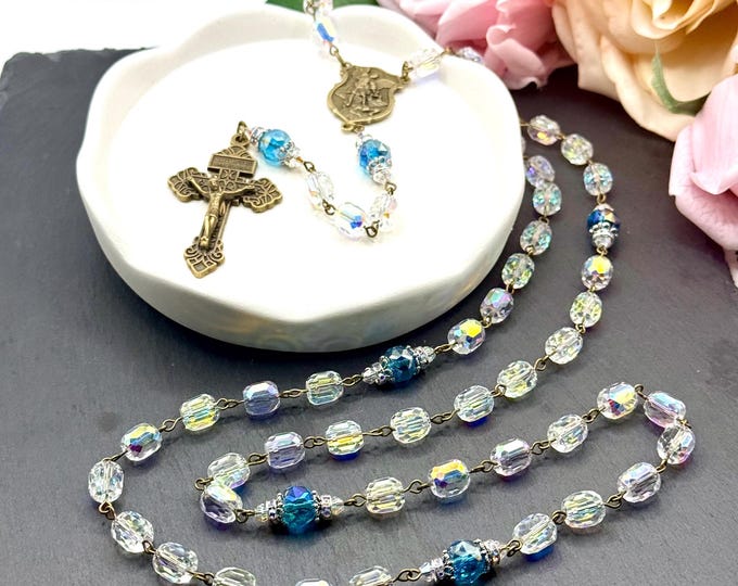 Handmade Cylinder Austrian Crystal Rosary – Saint Michael Medal, Pardon Crucifix
