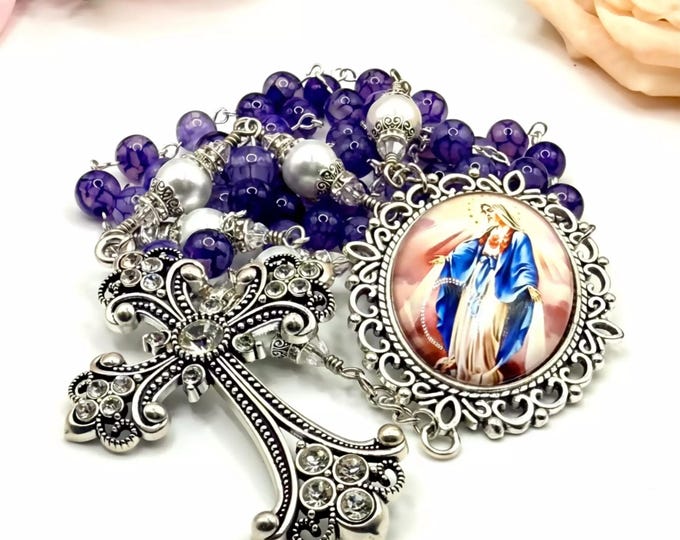 Catholic Rosary, Purple Dragon Vein Agate, Pearl Beads (Rhinestone Cross)