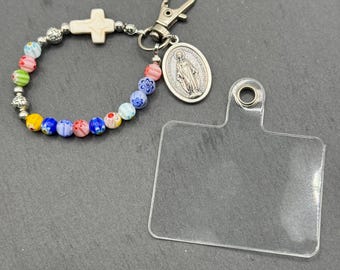Handmade Cell Phone Charm – Murano Inspired Beads & Miraculous Medal Pendant