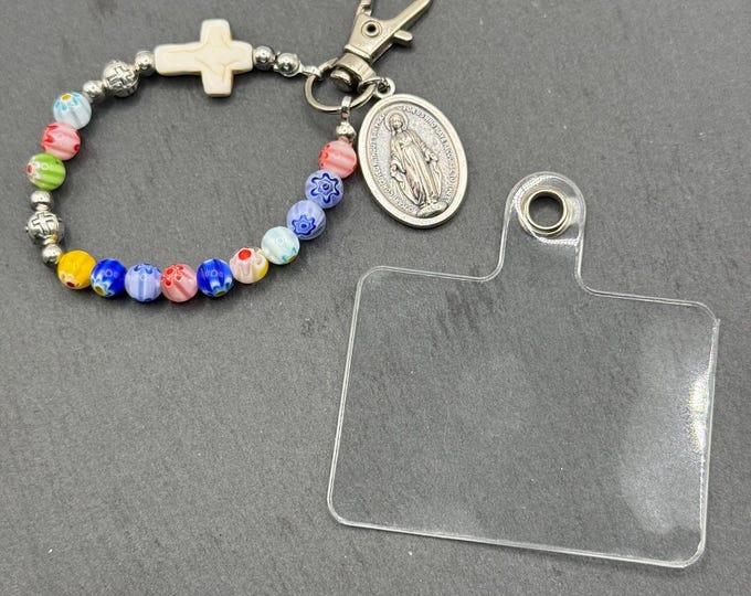 Handmade Cell Phone Charm – Murano Inspired Beads & Miraculous Medal Pendant