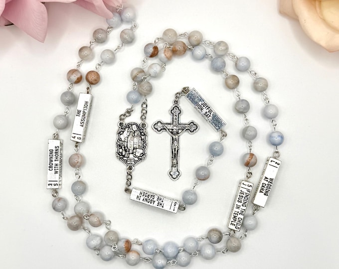 Prayer Rosary: Natural Stone Beads with Fatima Medal (5 Mysteries)
