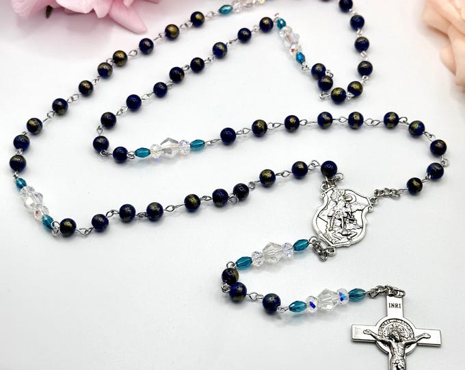 Lapis Lazuli Rosary Beads - Saint Michael Medal, Silver Crucifix