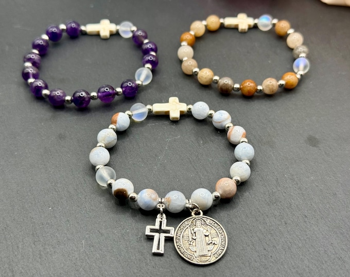 Prayer Bead Rosary Bracelet - Stretch with Ocean and Purple Stones