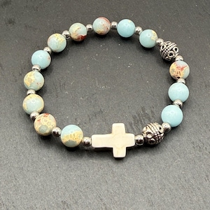 Emperor Stone Beads, Tibetan Rosary Bracelet - Seashell Cross Charm | Green Jasper Variscite, 6.5" Fit