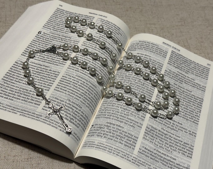 Pearl Rosary Necklace: Faux Pearls in Pink, White, or Blue