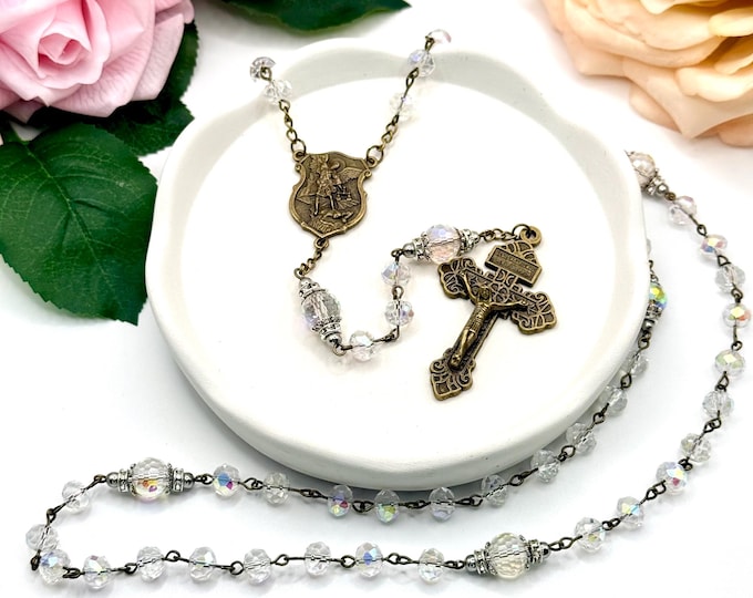 Catholic Crystal Rosary, Antique Bronze with Saint Michael Medal (Prayer Beads)