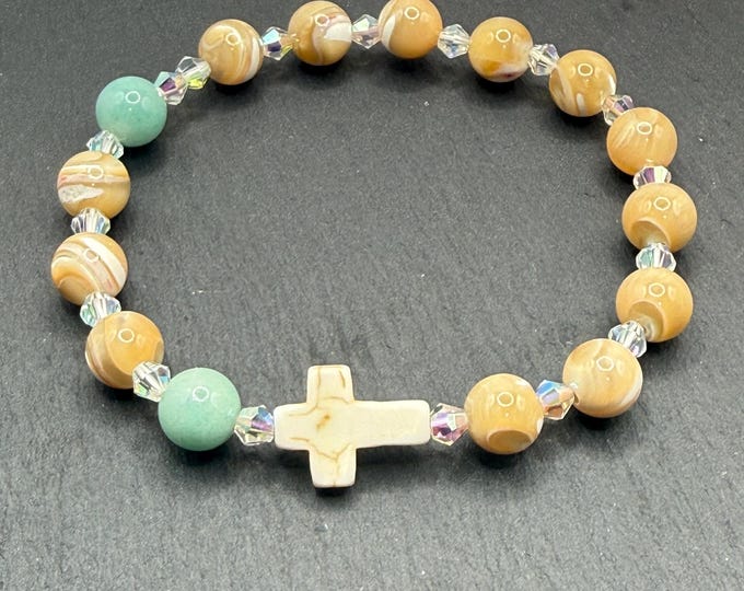 Mother of Pearl Rosary Bracelet: Handmade with Amazonite and Crystals