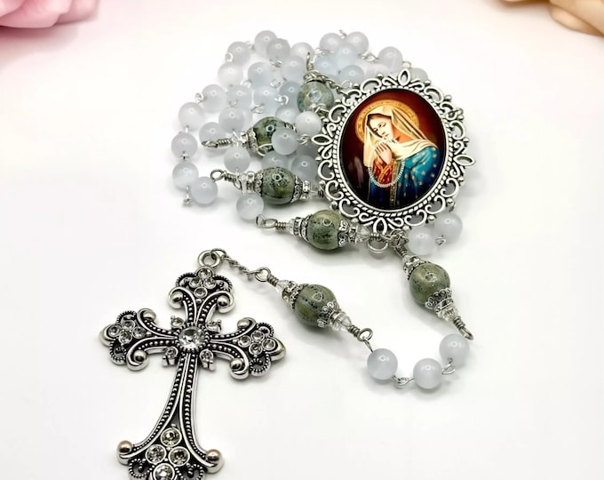 Antique Silver Rosary - White Cats Eye Beads and Rhinestone Crucifix