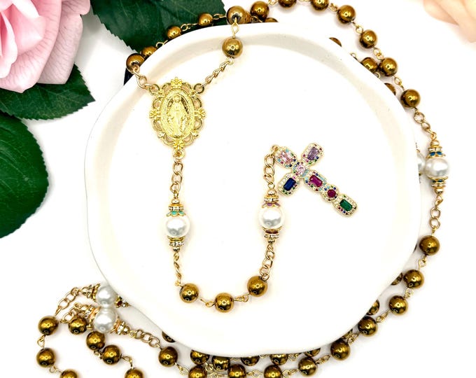 Rosary Necklace: Boho Catholic Design (Our Lady of Grace, Jewelled Crucifix)