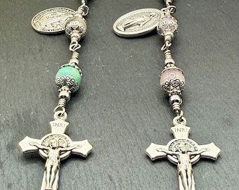 Hail Mary Keychain Set: Our Lady of Grace and St. Benedict (Rose Quartz & Amazonite)
