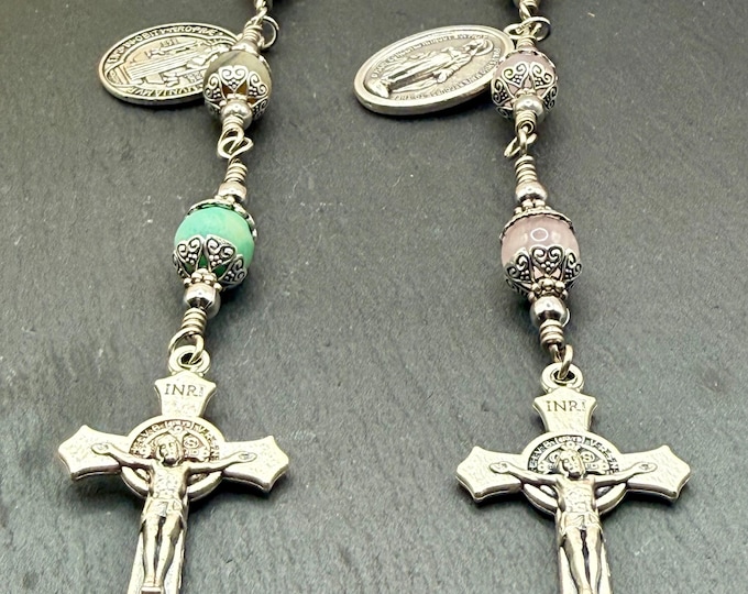 Hail Mary Keychain Set: Our Lady of Grace and St. Benedict (Rose Quartz & Amazonite)