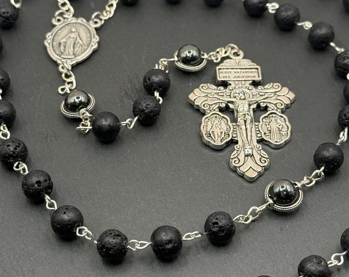 Rosary Beads: Black Lava Rock - Handmade with Classic Crucifix